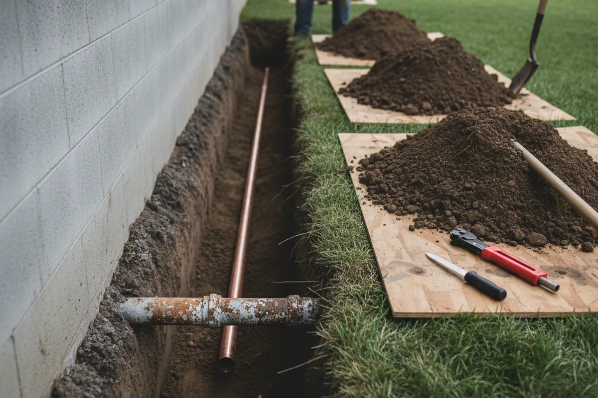 Excavated water line trench during Water Heater Repair in Whitehouse Station